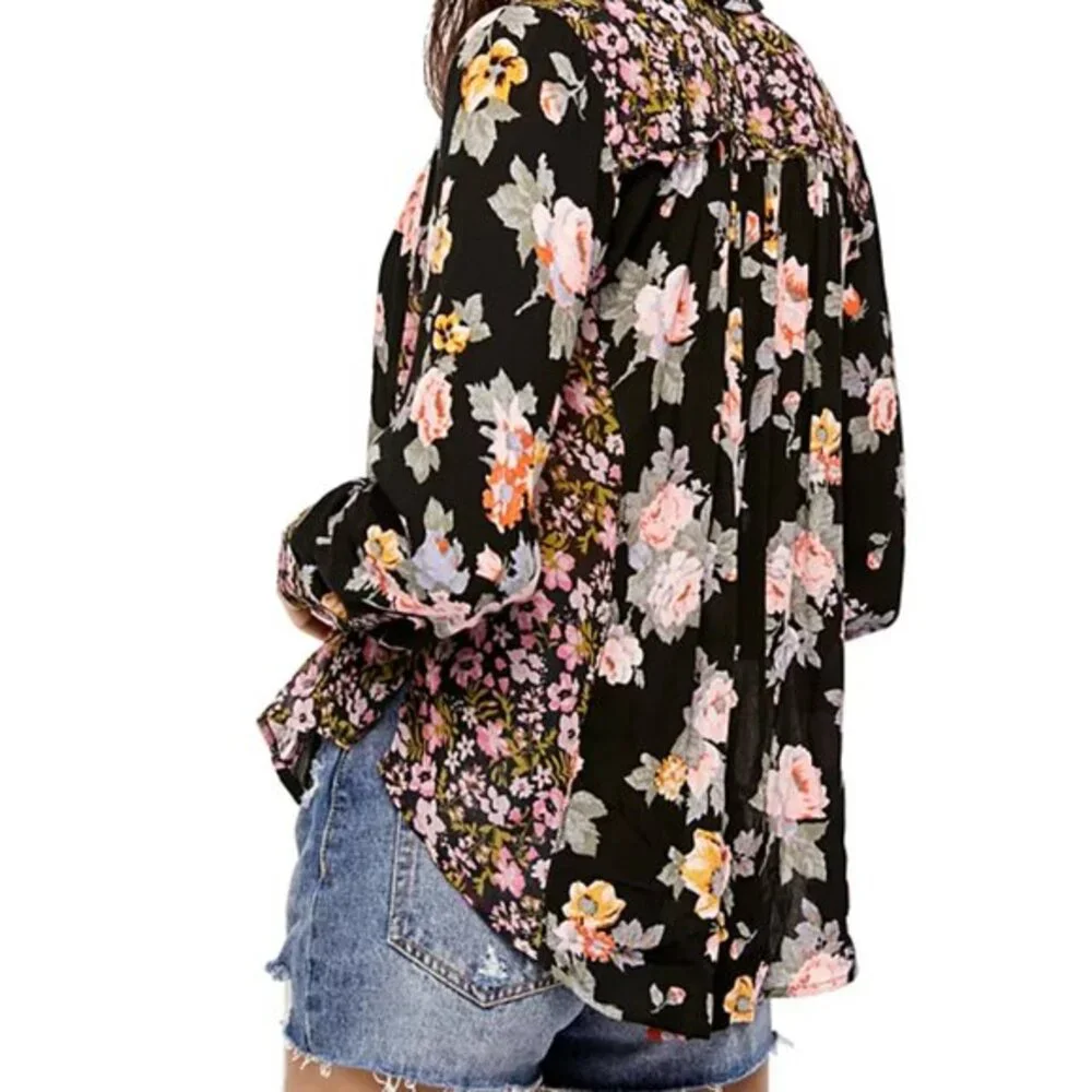 Free People Black Floral Mixed Media Button‎ Down Blouse Top